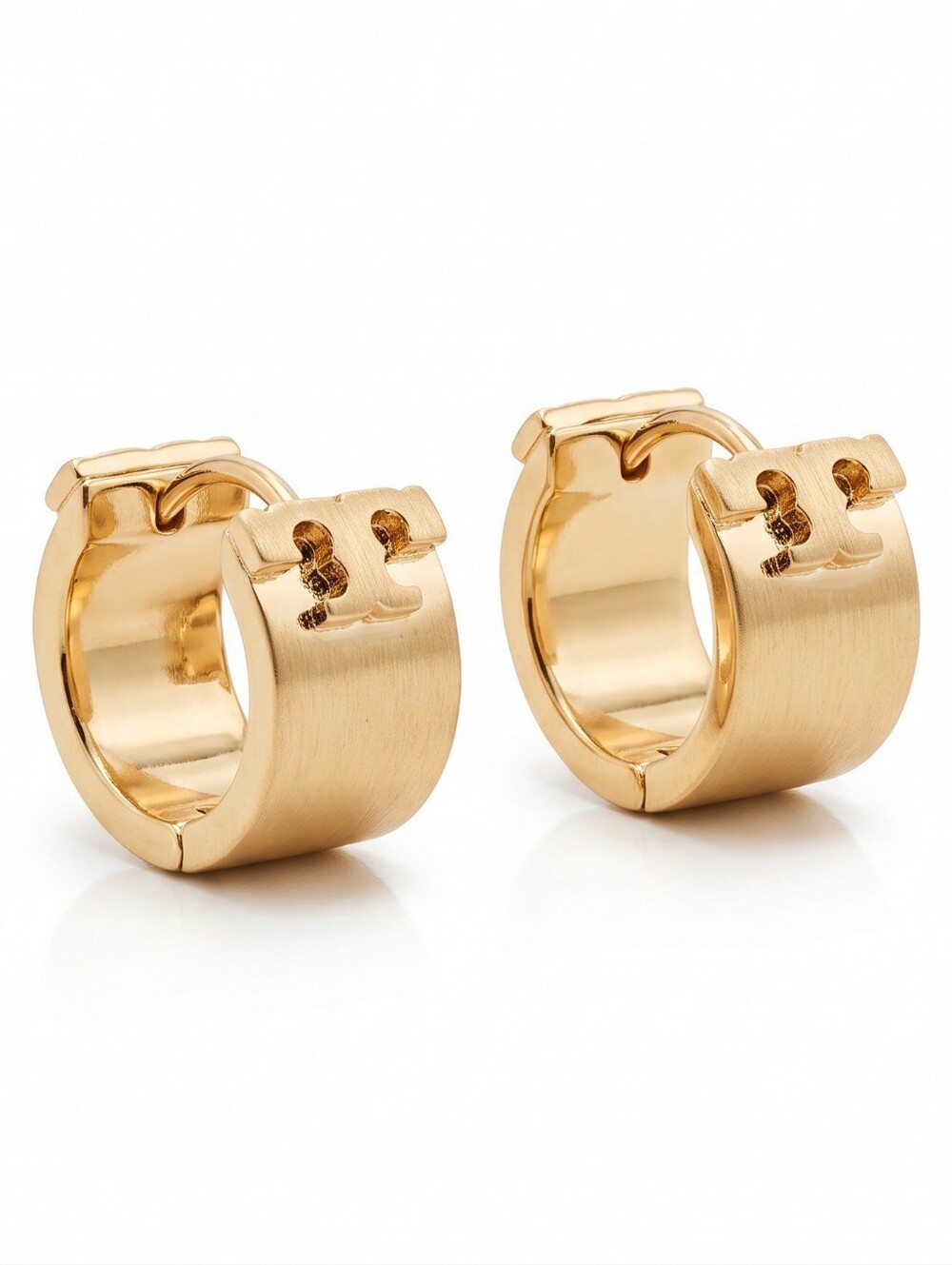 Tory Burch Brushed Gold Logo Huggie Earrings